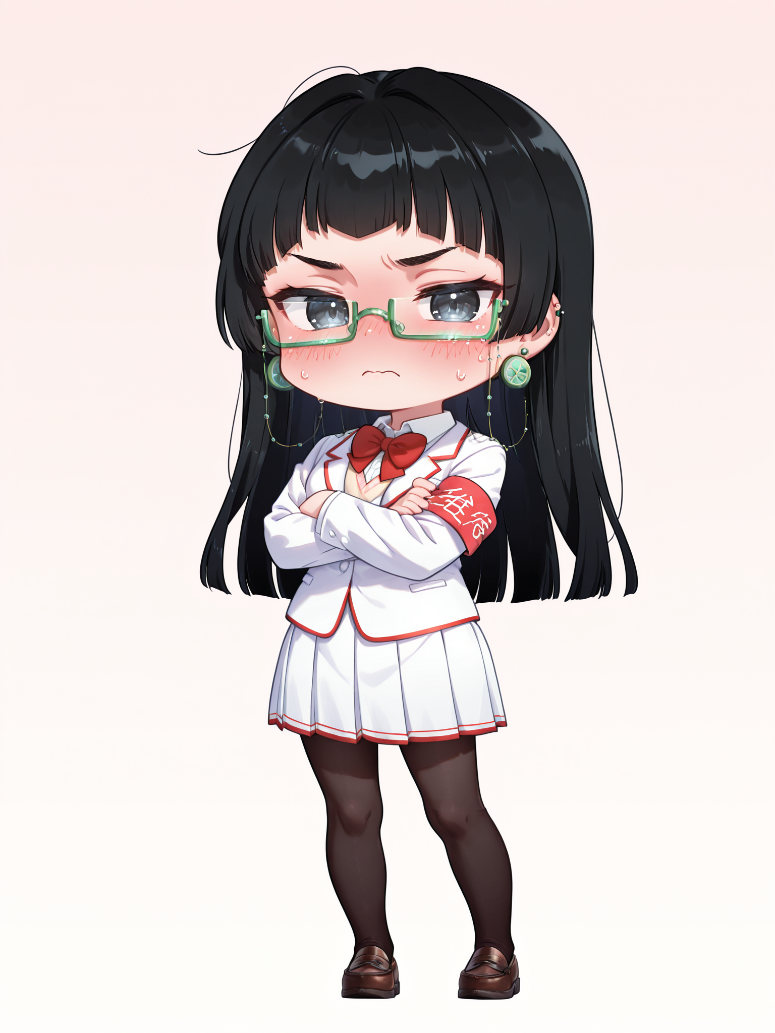 <lora:Kuroko2XL:1> Kuroko_YS, 1girl, long hair, white school uniform, red bowtie, red armband, pleated skirt, green glasses, earrings, eyewear strap, solo, blunt bangs, looking at viewer, black pantyhose, simple background, loafers, flustered, chibi, full body, black hair, crossed arms, black eyes, 
masterpiece, best quality, amazing quality, very aesthetic, absurdres, newest, [lazypos], gradient background, <lora:cfg_scale_boost:0.9> <lora:spo_sdxl_10ep_4k-data_lora_webui:0.4> <lora:retrocute:1> <lora:omoyunakyu715-_style_Illustrious:0.3> omoyu_nakyu715
