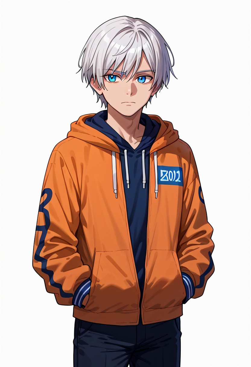 score_9, score_7_up, 1boy, solo, closed mouth, peaceful, (((kevin_kaslana))), ((white hair)), ((blue eyes)), short hair, black hoodie, hood down, jacket, orange jacket, jacket over hoodie, black trousers, cowboy shot, white background, <lora:ebora-Style-PonyXL-GLoRA-000049:1>