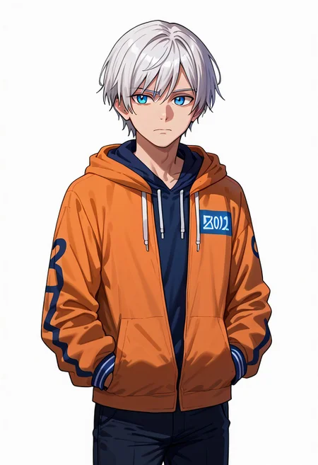score_9, score_7_up, 1boy, solo, closed mouth, peaceful, (((kevin_kaslana))), ((white hair)), ((blue eyes)), short hair, black hoodie, hood down, jacket, orange jacket, jacket over hoodie, black trousers, cowboy shot, white background, <lora:ebora-Style-PonyXL-GLoRA-000049:1>