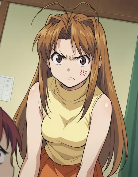 score_9, score_8_up, score_7_up, source_anime,
narunarusegawa, <lora:naru-narusegawa-ponyxl-lora-nochekaiser:1>,
naru narusegawa, long hair, brown hair, antenna hair, brown eyes, angry, anger vein,
skirt, sleeveless, miniskirt, turtleneck, sleeveless turtleneck,
indoors,
looking at viewer, dutch angle, cowboy shot,