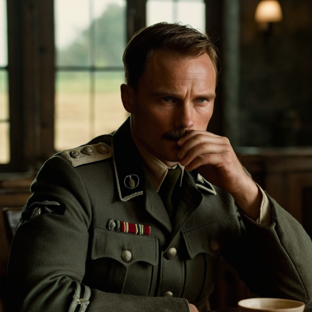 cinematic film still of <lora:detailed:0.2> 
<lora:perfection style:0.2>
<lora:Ron Fricke style:0.1>
 <lora:Inglourious Basterds film style:1>
Michael Fassbender as Lt. Archie Hicox a man in a British military ww2 uniform sitting at a table,solo,looking at viewer,brown hair,1boy,hat,weapon,male focus,uniform,cup,gun,military,military uniform,facial hair,beard,alcohol,drinking glass,brown jacket,realistic,mustache,hand on own chin , 1940's, Inglourious Basterds film style, Battledress, shallow depth of field, vignette, highly detailed, high budget, bokeh, cinemascope, moody, epic, gorgeous, film grain, grainy
