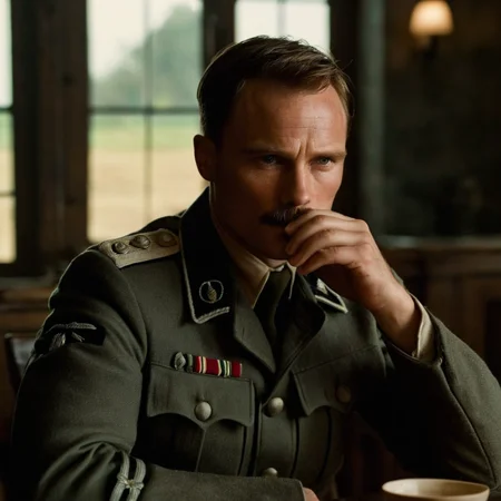 cinematic film still of <lora:detailed:0.2>
<lora:perfection style:0.2>
<lora:Ron Fricke style:0.1>
<lora:Inglourious Basterds film style:1>
Michael Fassbender as Lt. Archie Hicox a man in a British military ww2 uniform sitting at a table,solo,looking at viewer,brown hair,1boy,hat,weapon,male focus,uniform,cup,gun,military,military uniform,facial hair,beard,alcohol,drinking glass,brown jacket,realistic,mustache,hand on own chin , 1940's, Inglourious Basterds film style, Battledress, shallow depth of field, vignette, highly detailed, high budget, bokeh, cinemascope, moody, epic, gorgeous, film grain, grainy