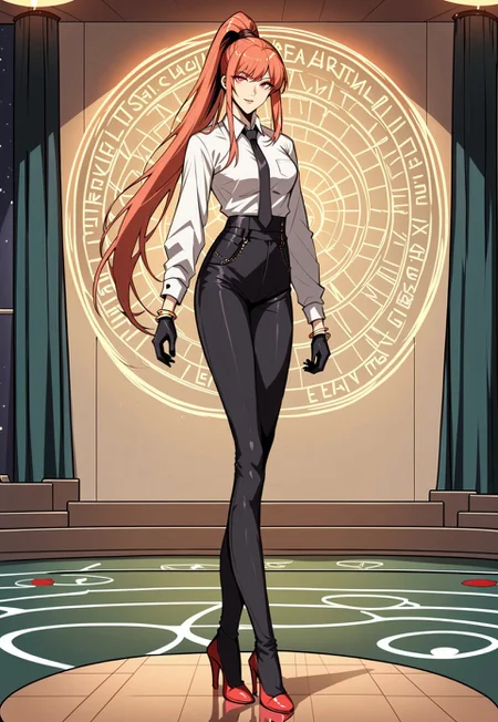 safe_pos, score_9, score_8_up, score_7_up, 1girl, night, indoor, in a casinò, full body, dynamic shot, from high, long legs standing behing a poker table, green table, solo, dynamic pose, Feng Ling, orange hair, red eyes, medium breast, long hair, ponytail, black pants, white shirt, long sleves shirt, black gilet, black neck tie, red heels, gold slim bracelets, black gloves, looking at the viewer, long legs, nice legs, white hips ultra detailed, masterpiece, <lora:add-detail-xl:1>, <lora:StS_PonyXL_Detail_Slider_v1.4_iteration_3:4>