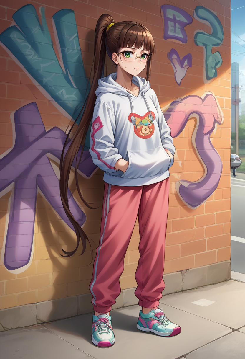 score_9, score_8_up, source_anime, 1girl, RuriMiyamoto, brown hair, bangs, very long hair, ponytail, green eyes, glasses, urban and street style, graffiti-inspired colors, cool and edgy attire, sweatpants, hoodie, stylish sneakers, fashionable accessories, hip hop jewelry, confident expression, graffiti walls, energetic and vibrant atmosphere, <lora:ChamRuriMiyamotoPonyXL:1>