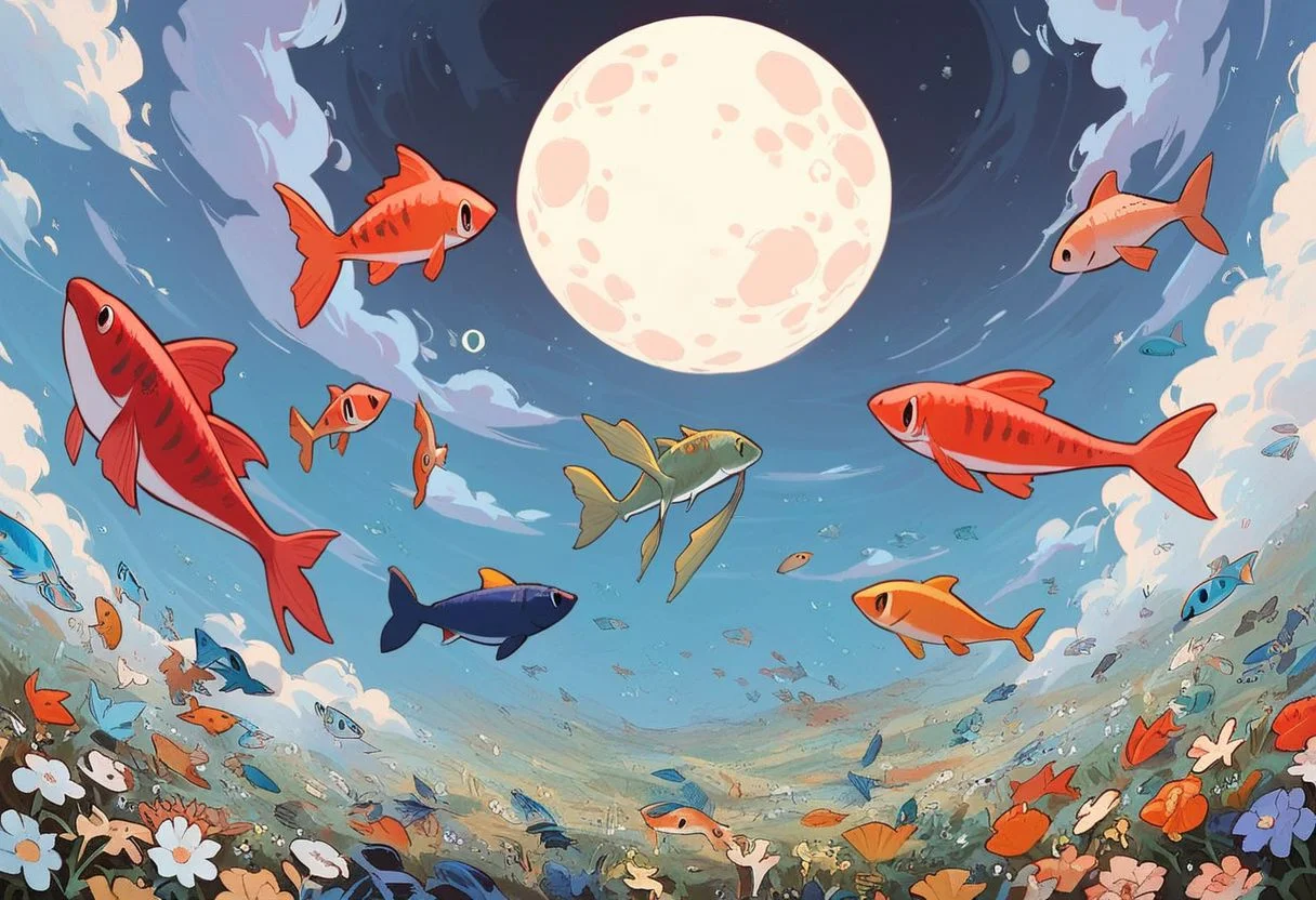 score_9, score_8_up, score_7_up, score_6_up,
nature background, flowers, flower, clouds, fields, flower field, night time, dark county side, moon in the sky, huge moon, glowing moon, white glow, horizon view, flat horizon
flying fish, fish floating, fish swimming thriugh the sky, betta fish, multi colour fish, swarm of fish, 30 fish, huge swarm of fish,fish ,Aquatic life, swarm of fish around a big fish, large goldfish, goldfish, large fish, dragon fish, dragon gold fish
