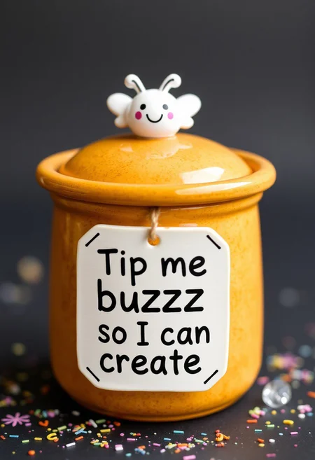 "A cheerful, ceramic cinnadust container, its surface a warm, golden brown, beamed with joy, as it held a tiny, white sign, adorned with the words "Tip me buzz so I can create" in bold, playful lettering. A stylized, buzzing bee emoji 🐝 hovered above the sign, adding a touch of whimsy and energy to the overall image. The container's lid, a delicate, curved shape, seemed to smile, as if it were a tiny, ceramic face, radiating happiness and enthusiasm. The sign, held aloft by a tiny, ceramic hand, seemed to glow with a soft, warm light, as if it were a beacon of artistic expression, calling out to all who passed by. A sprinkle of colorful, swirly patterns danced across the container's surface, adding a touch of playfulness and creativity to the overall image."