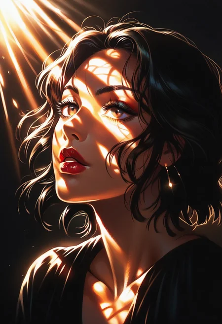score_9, score_8_up, score_7_up, score_6_up, 1girl, beautiful, sunlight, lipstick, dark background, portrait, s1_dram