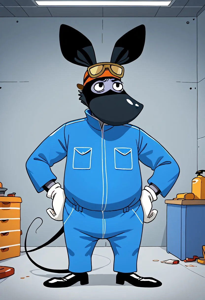 1boy, furry, rat, animal, black, fur, rat tail, black eyes, mask marking, face mark, big nose, grey nose, big nose, floppy ears, cap, pilot googles, blue jumpsuit, white gloves, (short height:1.2), chubby, hands on hips, on a workshop, oil stains, cartoon, Expressiveh
