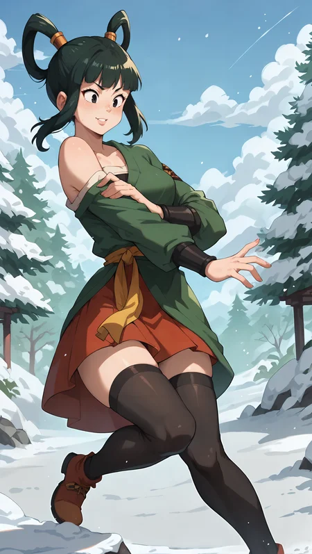 score_9,score_8_up,score_7_up,score_6_up, source_anime, zPDXL, girl, dark green hair, hair rings, sidelocks, black eyes, green kimono, (sarashi), one bare shoulder, red skirt, thighhighs, <lora:Wakfu_CartoonV02:0.5>, <lora:xl_more_art-full_v1:0.5>, <lora:Yurin - Pony-000004:0.8> , leg lift, winter, snow, snowing, outdoors, snow covered trees,