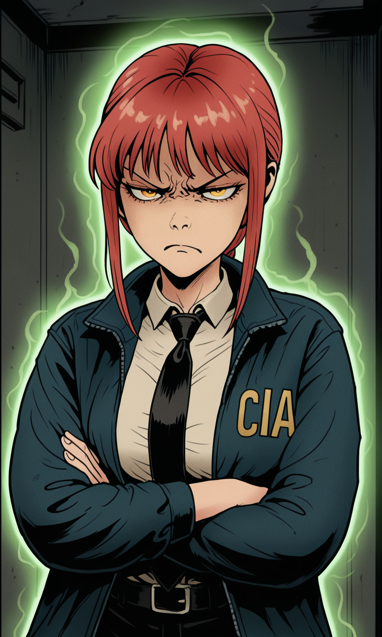 embedding:IllusP0s, f3rn4nd0, cia jacket, green aura, glowing, makima, annoyed, white shirt, black tie, arms crossed, 1girl, solo,<lora:Style_soph-Fernando-ILXL.safetensors:1.0:1.0> <lora:cia_jacket_green_aura.safetensors:1:1>