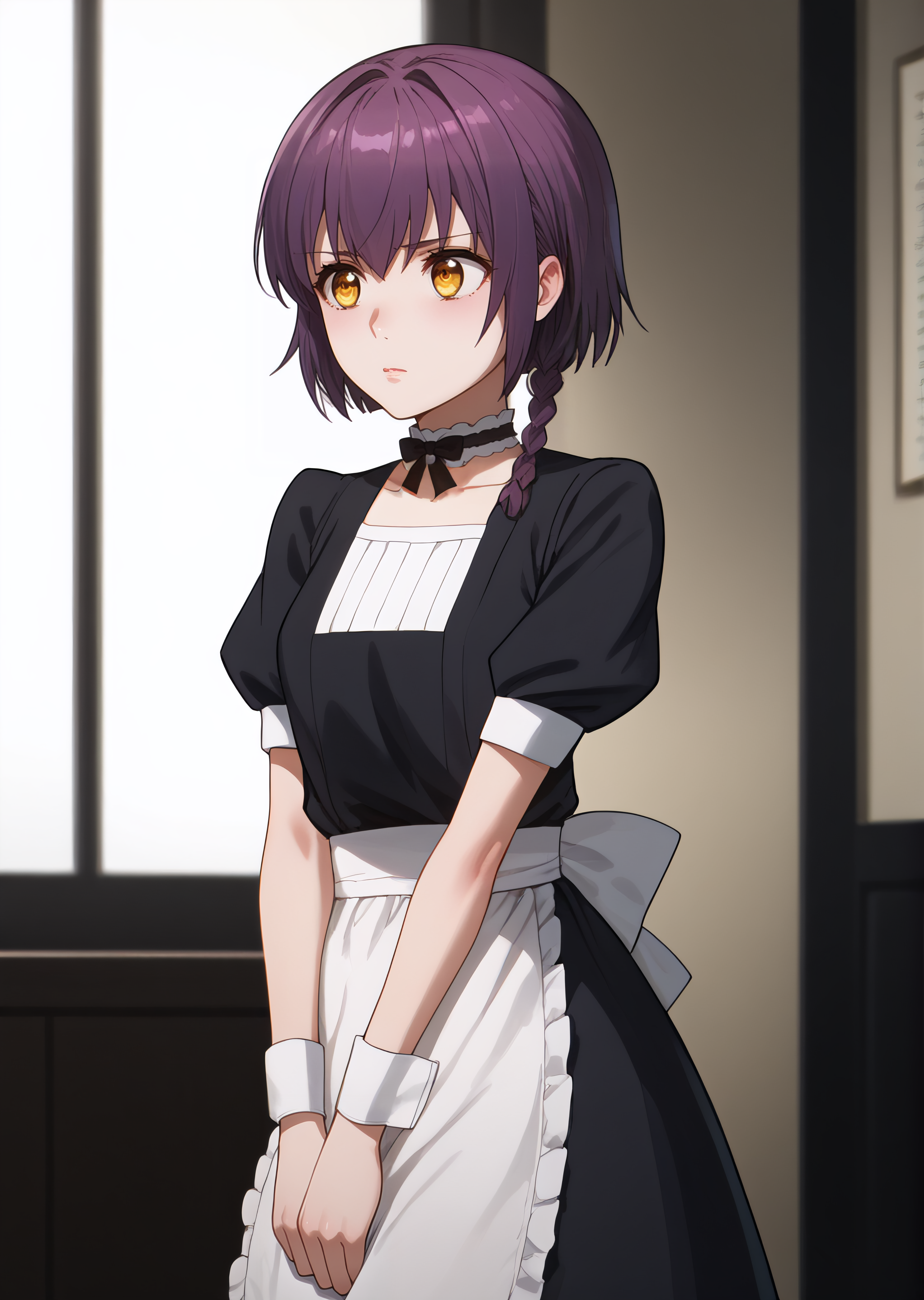 score_9, score_8_up, score_7_up, score_6_up,  rating_explicit, source_anime, cinematic shadow, cinematic light, cute and sensitive, soft skin,  characters focus, detailed eyes, detailed skins,   <lora:Sakurai_Minami:1>, minami, yellow eyes,purple hair, short hair,single braid,eyebrows visible through hair, bang,small breasts, standing,minamidress,maid,choker,black ribbon, neck ribbon,collarbone,puffy short sleeves,ribbon,white apron, waist apron, white bow, black dress,wrist cuffs,v arms, hands on own crotch, 1girl,
