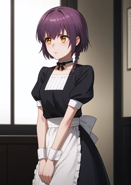 score_9, score_8_up, score_7_up, score_6_up, rating_explicit, source_anime, cinematic shadow, cinematic light, cute and sensitive, soft skin, characters focus, detailed eyes, detailed skins, <lora:Sakurai_Minami:1>, minami, yellow eyes,purple hair, short hair,single braid,eyebrows visible through hair, bang,small breasts, standing,minamidress,maid,choker,black ribbon, neck ribbon,collarbone,puffy short sleeves,ribbon,white apron, waist apron, white bow, black dress,wrist cuffs,v arms, hands on own crotch, 1girl,