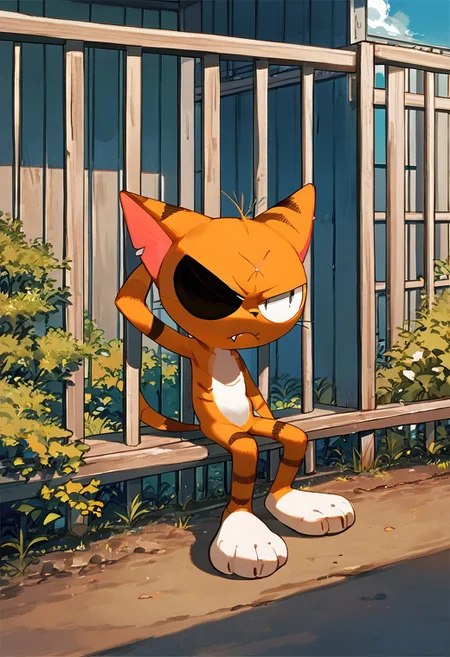 matatabi_ckc, solo, furry male, furry, looking away, orange fur, eyepatch, male, cat, scar, bored, narrowed eyes, half closed eyes, closed mouth, arms behind head, looking at viewer, sitting, next to fence, fangs, 1 eye, eye, backward, fence, (((score_9, score_8, score_7, high quality, high detail, detailed face, good anatomy, full body)))