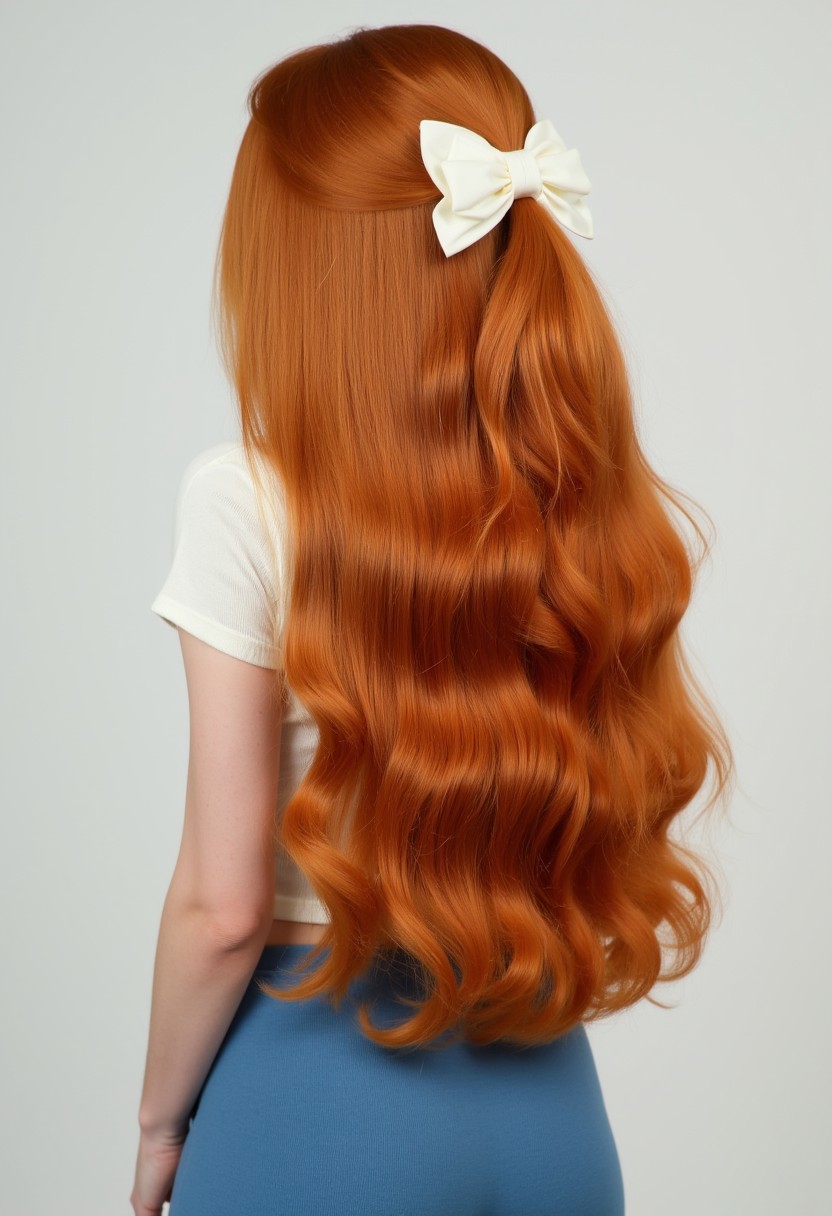 view from behind, side view, neat hair, silky hair, hair bow, big white bow, long hair, straight hair, wavy hair, tall, ginger hair, vibrant hair, extremely thick hair, shiny hair, thick hair, long legs, tiny waist, big ass, toned and fit body, blue skirt and t shirt