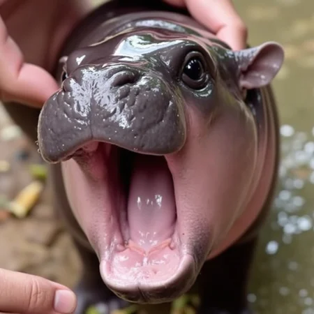 Moo Deng, moo deng baby pygmy hippo, The photograph captures a close-up scene of a baby hippopotamus interacting with a person in a natural or controlled environment, likely a zoo or sanctuary. The baby hippo, with its wrinkled, dark brown skin glistening with water, has its mouth open wide, possibly in a playful or curious gesture. Its small, round ears are visible, and its eyes are wide and alert.