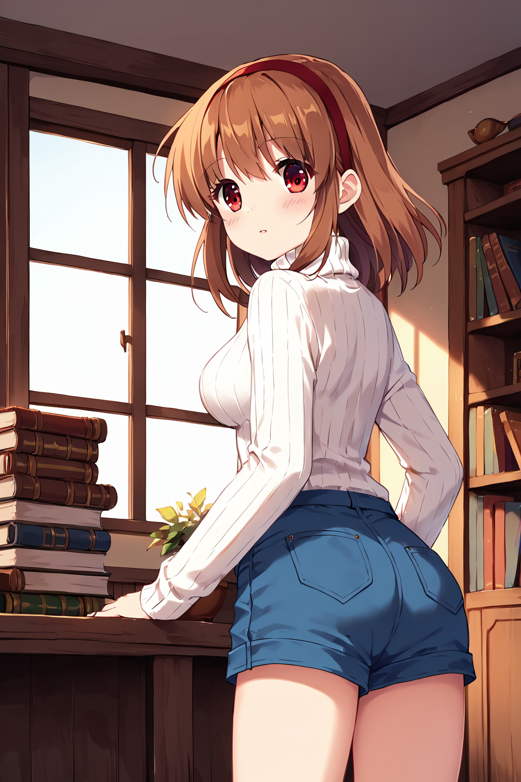 score_9, score_8_up, score_7_up, score_6_up, rating_safe, source_anime, best quality, masterpiece, detailed background, detailed eyes, (baggy top), cowboy shot, living room, bookshelf, from behind view, looking back, blush, parted lips, round mouth, long turtleneck, white turtleneck, <lora:tsukimiya-ayu-xl-04:1>, tsukimiya ayu, medium breasts, red eyes, red headband, brown hair, white turtleneck, blue shorts,