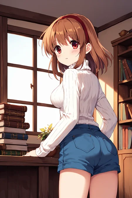 score_9, score_8_up, score_7_up, score_6_up, rating_safe, source_anime, best quality, masterpiece, detailed background, detailed eyes, (baggy top), cowboy shot, living room, bookshelf, from behind view, looking back, blush, parted lips, round mouth, long turtleneck, white turtleneck, <lora:tsukimiya-ayu-xl-04:1>, tsukimiya ayu, medium breasts, red eyes, red headband, brown hair, white turtleneck, blue shorts,