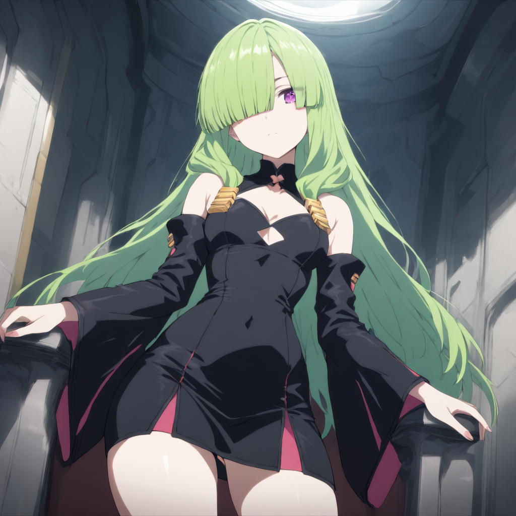 1girl,solo,looking at viewer,cowboy_shot,masterpiece,high score,great score,absurdres,<lora:Doll_tmwg ag4o v1:1> dolltmwg, green hair, long hair, purple eyes, hair over one eye,bare shoulders,detached sleeves,black dress,short skirt,