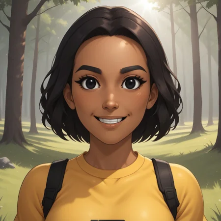 score_9, score_8, BREAK, solo, wii, mii, wii sports, 1girl, female mii, black hair, dark skin, black eyes, dot eyes, black eyebrows, small nose, blush, buck tooth, yellow clothing, white pants, shoes, cute, nintendo mii, modern_mii, classic_mii, breasts, faustine_(\wii_sports_club\), sexy pose, smile, outdoors, sunlight, shadows, evening lighting, natural lighting, forest, trees, grass, orange sky, sunset