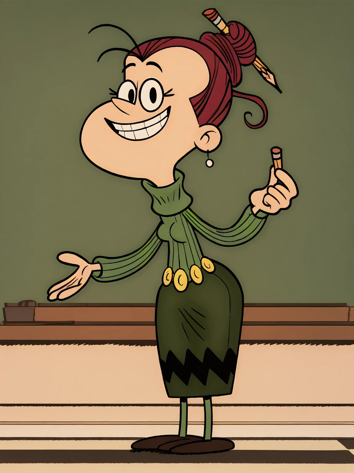 <lora:AgnesJohnsonPony1.0:1>agnesj, pencil in hair, turtleneck, solo, single hair bun, green sweater, belt, green skirt,smile, looking at viewer, teeth,chalkboard, brown footwear, score_9, score_8_up, score_7_up, score_6_up, score_5_up, score_4_up