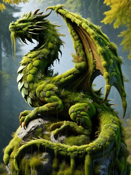 ovrgrwth, a green dragon statue with moss overgrowth <lora:ovrgrwth-sdxl:1>