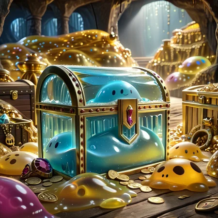 chalice made out of slime, fancy cup made out of slime, fancy chalice made out of slime, Detailed chalice made out of gold slime, Gem-studded slime chalice, multi-colored gems made out of slime, in a room of treasure made out of slime, gold coins and bars made out of slime, wood-like treasure chest made out of slime, wood-colored slime chest,
treasure-room, treasure, treasure chest, gemstone, coins, gold bars, gold pile,
everything made of slime, No simple background,
((translucent slime)), ((transparent slime)), (bioluminescent slime), sl1m3, slime, great lighting, even lighting, no bright spots,