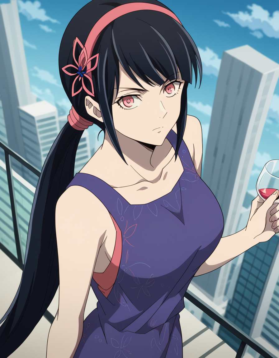 score_9, score_8_up, score_7_up, source_anime, <lora:yihwa-yeon-s2-ponyxl-lora-nochekaiser:1>, yihwa yeon, long hair, bangs, black hair, hair ornament, pink eyes, very long hair, hairband, large breasts,, dress, ponytail, purple dress, skyscraper, tall, glass, modern, building, , from above,, looking at viewer, solo,, dutch angle, cowboy shot
