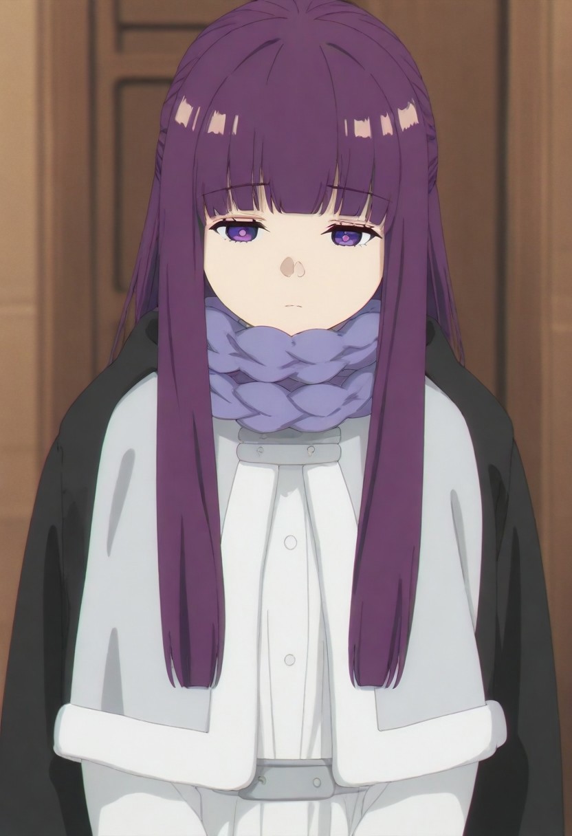 masterpiece, best quality, amazing quality,,, shiny skin,,,,,,, <lora:Fern:1> f3rn, fern (sousou no frieren), long hair, purple hair, blunt bangs, sidelocks, straight hair, purple eyes,, capelet, white capelet,white dress, black coat, purple scarf,