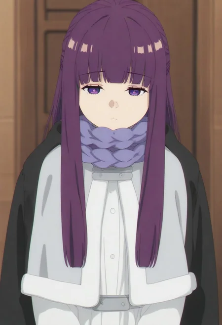 masterpiece, best quality, amazing quality,,, shiny skin,,,,,,, <lora:Fern:1> f3rn, fern (sousou no frieren), long hair, purple hair, blunt bangs, sidelocks, straight hair, purple eyes,, capelet, white capelet,white dress, black coat, purple scarf,