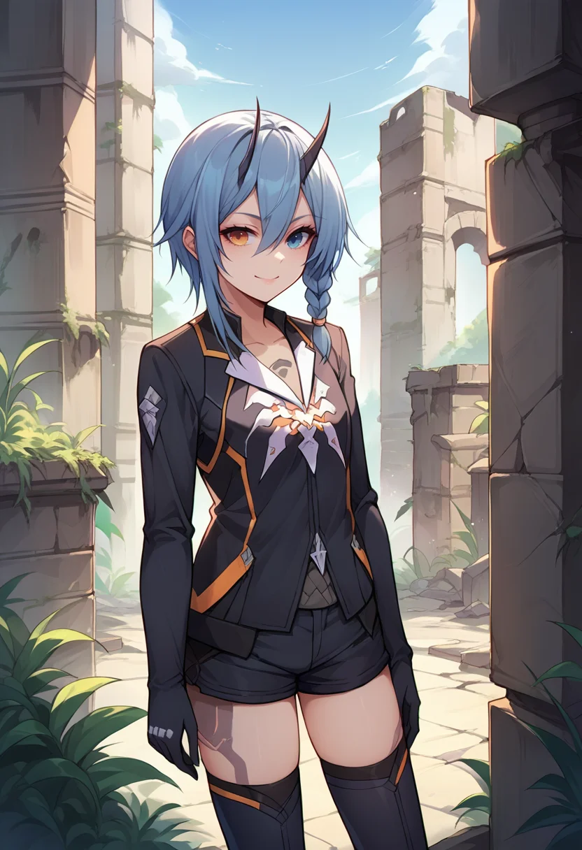 score_9, score_8_up, source_anime, 1girl, solo, IoDefault, heterochromia, tattoo, horns, short hair, side braid, black jacket, long sleeves, black shorts, gloves, black thighhighs, outdoors, ruins, smile, <lora:ChamIoPSO2PonyXL:1>