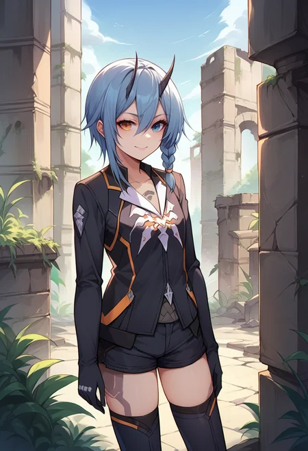 score_9, score_8_up, source_anime, 1girl, solo, IoDefault, heterochromia, tattoo, horns, short hair, side braid, black jacket, long sleeves, black shorts, gloves, black thighhighs, outdoors, ruins, smile, <lora:ChamIoPSO2PonyXL:1>
