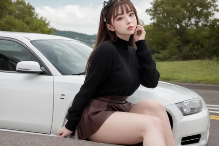 <lora:Ichika:0.75>,ulzzang-6500-v1.1,(raw photo:1.2),((photorealistic:1.4))best quality ,masterpiece, illustration, an extremely delicate and beautiful, extremely detailed ,CG ,unity ,8k wallpaper, Amazing, finely detail, masterpiece,best quality,official art,extremely detailed CG unity 8k wallpaper,absurdres, incredibly absurdres, huge filesize, ultra-detailed, highres, extremely detailed,beautiful detailed girl, extremely detailed eyes and face, beautiful detailed eyes,light on face,cinematic lighting,see-through,looking at viewer,outdoors,  (1girl:1), [car], solo,  sitting , sidelocks, aqua eyes, bangs, hair between eyes,  looking at viewer,  long sleeves,bright,beautiful detailed sky, river,blue water,wild,outdoors , seaside,light,[motor vehicle],[ground vehicle], sports car, black sailor collar, black serafuku, long hair, black hair, black thighhighs, Pleated skirt, brown footwear, vehicle focus,  <lora:skylineR34-000014:0.8>