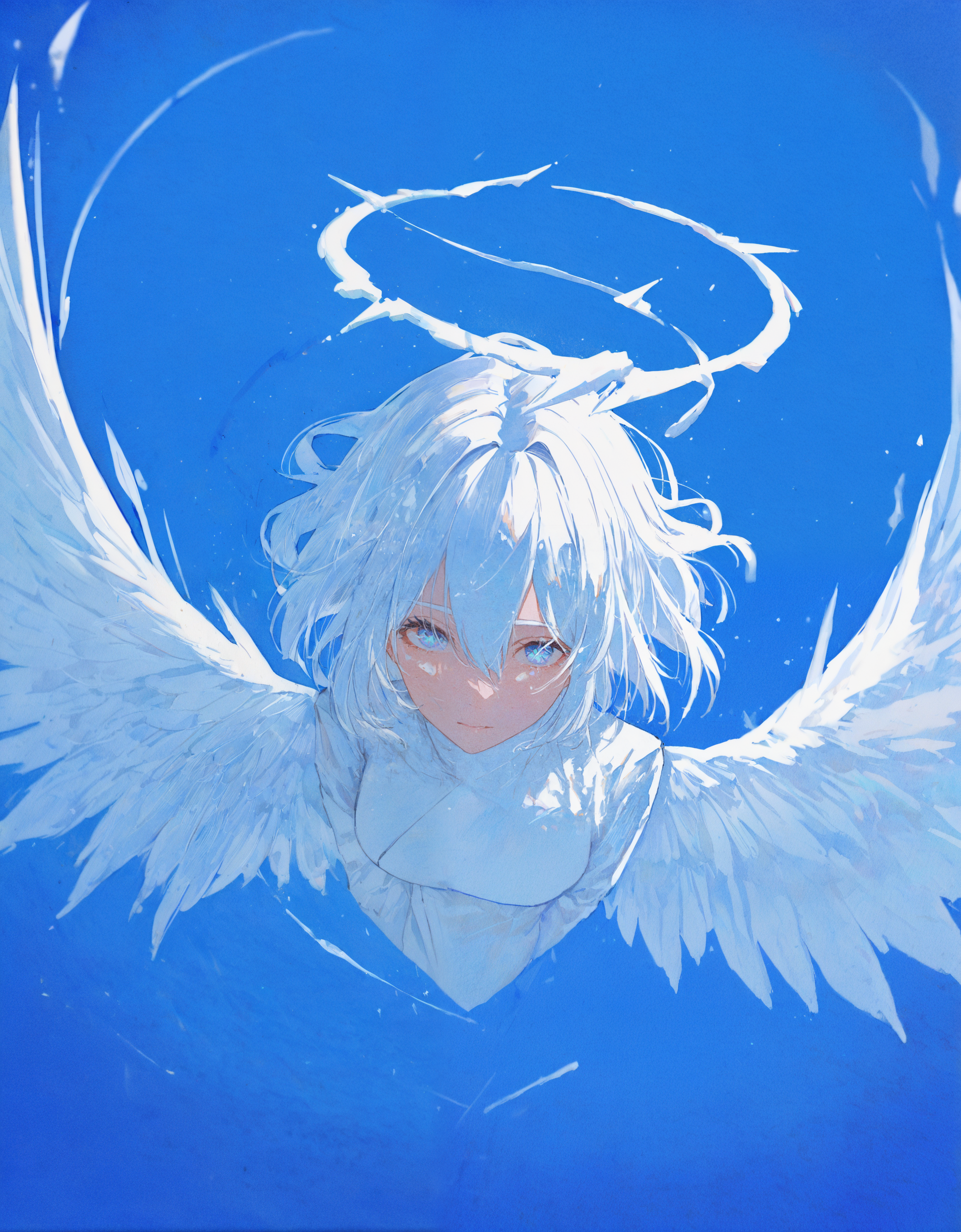 masterpiece, best quality, very aesthetic, absurdres, newest, <lora:69yottea_illu_v2:1>,69yotte4_illu,blue background, 1girl,white hair, cyan eyes, halo,white wings, cyan paint, <lora:Abstract:0.6>,traditional media, painting \(medium\), film grain, fisheye,