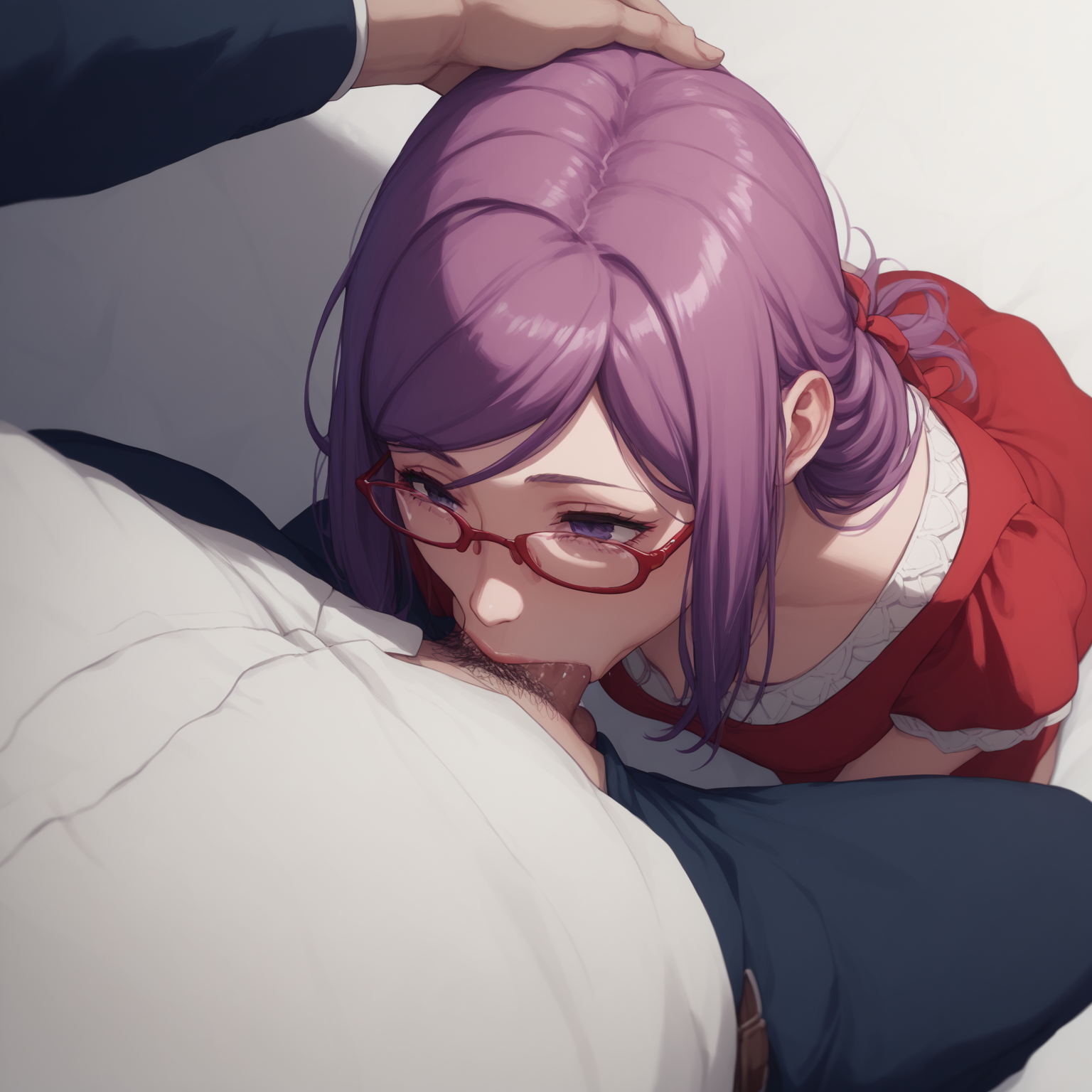 <lora:SlimesRize-000005:1>,  score9_up, score8_up, score7_up, score6_up, slimes_rize, woman, dress, red glasses, oral sex, (deepthroat:1.3), from above