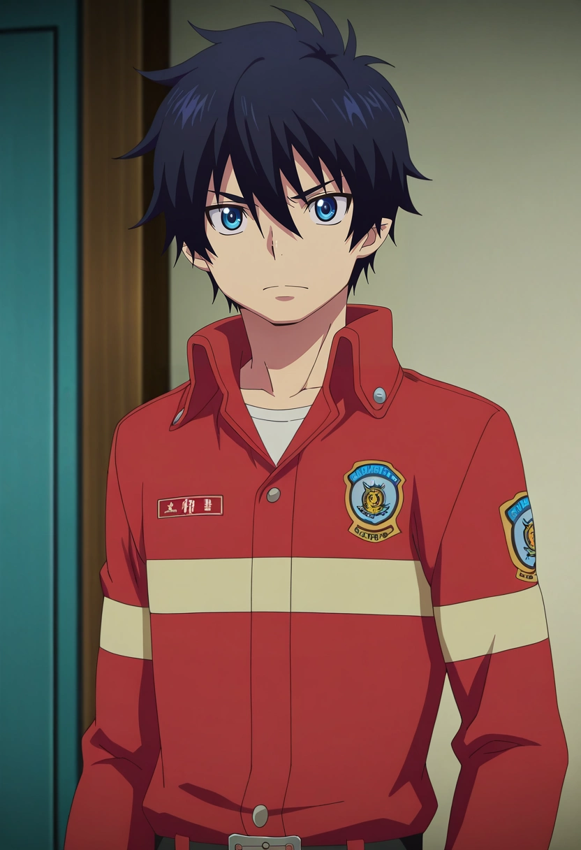 masterpiece, best quality, , anime screencap, anime coloring, , , , 1boy, solo, male focus, <lora:rin_okumura_ilxl:0.94>, rin_okumura, black hair, blue eyes, short hair, hair between eyes, , , , , firefighter costume