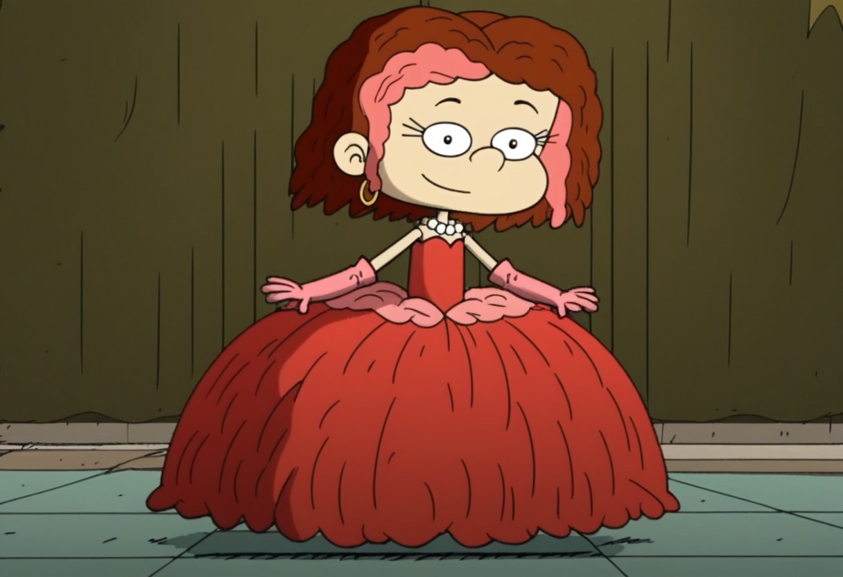 The Loud House Style, 1girl, solo, LilDeVille, short hair, tow tone hair, pink streak, white skin, princess make up, Very long large floor length wide straight tulle pink long sleeved ball gown hoop skirt, ball gown hoop skirt, pink princess dress, hoopdress, white pearl necklace, long elbow length pink princess gloves, my big princess gypsy wedding dress, ballgown, a girl in a dress posing like a princess for a picture, looking at viewer, pretty eyes, she is posing, she is dancing like a quinceanera model