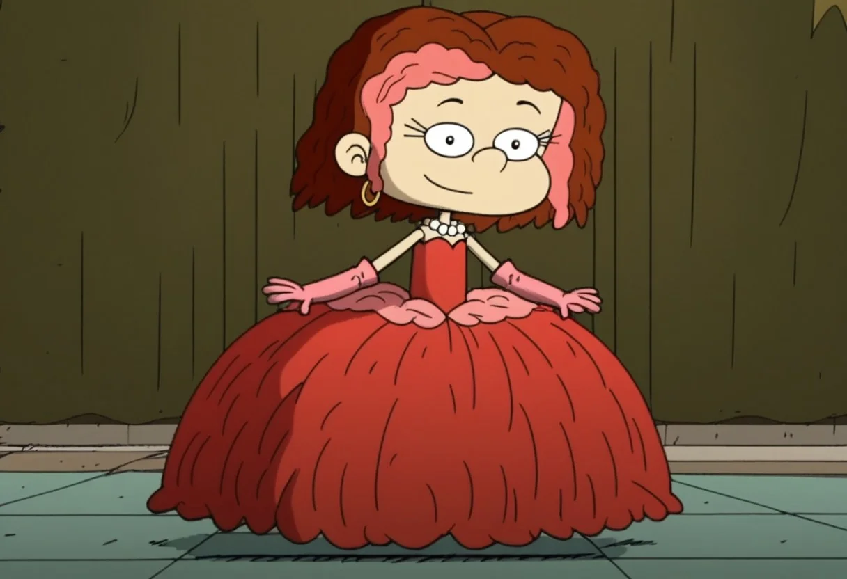 The Loud House Style, 1girl, solo, LilDeVille, short hair, tow tone hair, pink streak, white skin, princess make up, Very long large floor length wide straight tulle pink long sleeved ball gown hoop skirt, ball gown hoop skirt, pink princess dress, hoopdress, white pearl necklace, long elbow length pink princess gloves, my big princess gypsy wedding dress, ballgown, a girl in a dress posing like a princess for a picture, looking at viewer, pretty eyes, she is posing, she is dancing like a quinceanera model
