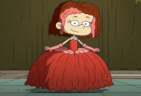 The Loud House Style, 1girl, solo, LilDeVille, short hair, tow tone hair, pink streak, white skin, princess make up, Very long large floor length wide straight tulle pink long sleeved ball gown hoop skirt, ball gown hoop skirt, pink princess dress, hoopdress, white pearl necklace, long elbow length pink princess gloves, my big princess gypsy wedding dress, ballgown, a girl in a dress posing like a princess for a picture, looking at viewer, pretty eyes, she is posing, she is dancing like a quinceanera model