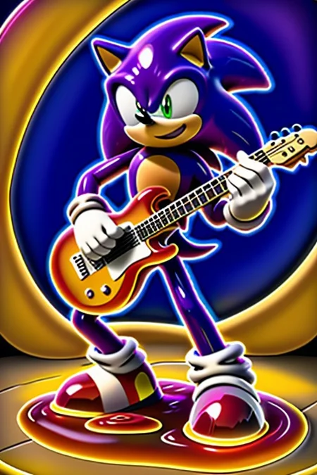 Create a vibrant, high-energy scene featuring Sonic the Hedgehog playing a guitar. Sonic is posing in a dynamic, rockstar stance, with his iconic red shoes and white gloves contrasting against the colorful, gooey slime.
The guitar is covered in a thick, translucent layer of slime-morph that's dripping and oozing down the instrument's body. The slime is a bright, electric green and is adorned with colorful, swirling patterns that match Sonic's energetic personality.
The scene is set against a bright, sunny background with a hint of a cityscape or a futuristic landscape. The atmosphere is lively and energetic, with bold, dynamic lines and vibrant colors that match Sonic's speed and personality.
The image should have a stylized, cartoonish feel with bold lines, vibrant colors, and a sense of dynamic movement. Sonic and the slime guitar should be depicted in a fun, exaggerated manner, with a focus on conveying energy, excitement, and rockstar attitude.