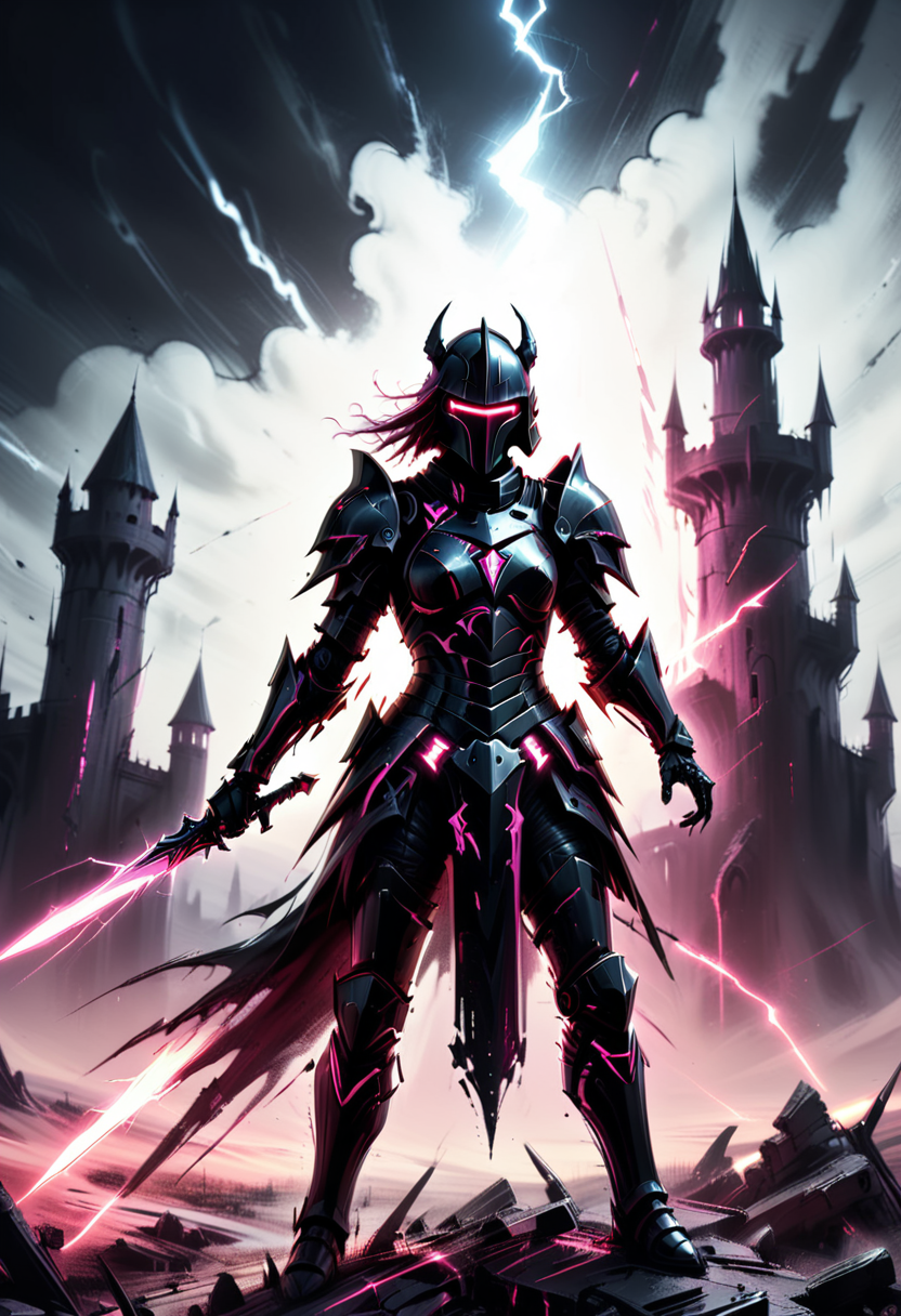 Grimdark scifi illustration of a gothic knight adorned in sleek, black armor with glowing red-pink circuitry, wielding a futuristic greatsword that emits menacing patterns of serrated photonic particles. She stands atop a ruined fortress overlooking a barren wasteland, where twisted metal and skeletal remains of machines lie scattered. A vortex accumulates in the distance, lightning illuminating the sky, while ghostly figures of cursed creatures linger in the shadows.