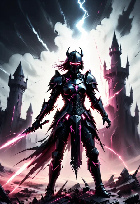 Grimdark scifi illustration of a gothic knight adorned in sleek, black armor with glowing red-pink circuitry, wielding a futuristic greatsword that emits menacing patterns of serrated photonic particles. She stands atop a ruined fortress overlooking a barren wasteland, where twisted metal and skeletal remains of machines lie scattered. A vortex accumulates in the distance, lightning illuminating the sky, while ghostly figures of cursed creatures linger in the shadows.