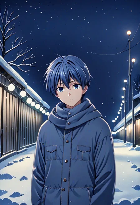 high resolution, solo, best quality, 1Boy, Tomoya Okazaki, Grey Blue Hair, winter, Northern Lights, Stargazing, OverallDetail