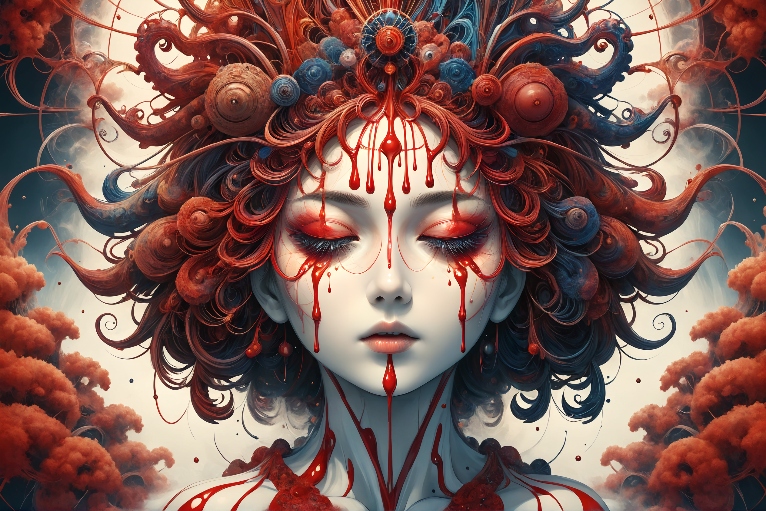 Award winning surrealistic, trippy psychedelic melting dripping woman. The background features deep crimson tones, creating a mysterious atmosphere. This artwork showcases vibrant colors, intricate details, and unique manga style illustration techniques. It was created using traditional Japanese watercolor painting techniques ((in the style of takato yamamoto:1.4)) <lora:Horror_HK:0.75> <lora:detailed_notrigger:0.6> <lora:ral-frctlgmtry:1> ral-frctlgmtry