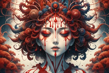 Award winning surrealistic, trippy psychedelic melting dripping woman. The background features deep crimson tones, creating a mysterious atmosphere. This artwork showcases vibrant colors, intricate details, and unique manga style illustration techniques. It was created using traditional Japanese watercolor painting techniques ((in the style of takato yamamoto:1.4)) <lora:Horror_HK:0.75> <lora:detailed_notrigger:0.6> <lora:ral-frctlgmtry:1> ral-frctlgmtry