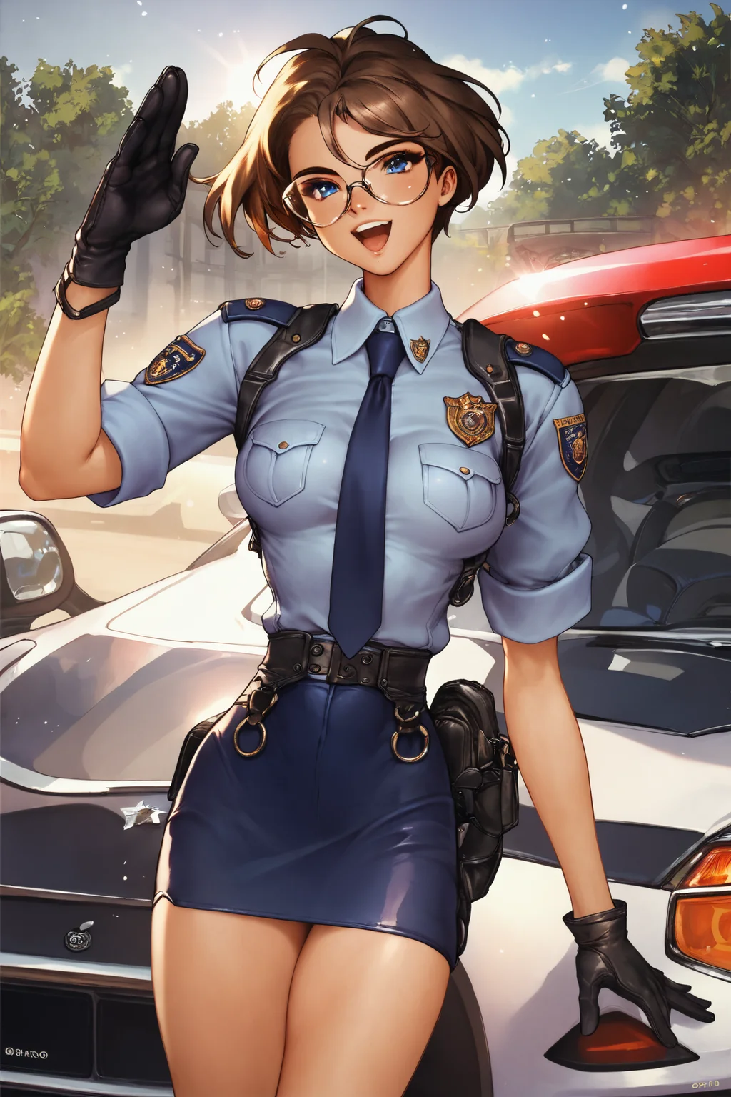 score_9,score_8_up,score_7_up,masterpiece,best quality,
1girl,glasses,solo,brown hair,short hair,skirt,gloves,open mouth,breasts,blue eyes,police,smile,looking at viewer,police uniform,necktie,salute,car,
<lora:Masamune Shirow_XL_PONY:0.9>,