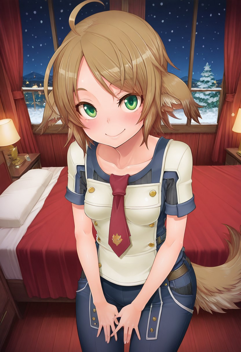(1girl, solo) noa riads, animal ears, Green Eyes, tail, brown hair, short hair, Pretty eyes, , 1girl, solo, , blush, smile,, brown hair,, fluffy tail, ahoge, animal ears, dog ears, small breasts, swept bangs bedroom, green eyes, animal ears, tail, collarbone, ,
Eye focus ,(skindentation:1.2), shiny skin, shiny body, shiny hair, (best quality) , (highly detailed) ,((masterpiece)), ((best quality)), (ultra-detailed), ((extremely detailed)), (high resolution), 4K, (8K), best quality, (beautiful), (dynamic lighting), (super detailed skin), sharp focus,detailed eyes、detailed face and detailed skin detailed eyes、detailed face and detailed skin,  skindentation, clear skin, shiny hair, ultra detailed eyes, depth of field, sharp, intricate details, hyperdetailed, shindol, 
,, uniform, necktie, pants, night, snow, snowing,, cowboy shot ,(((perfect anatomy))), (((correct arms))), (((correct hands)))