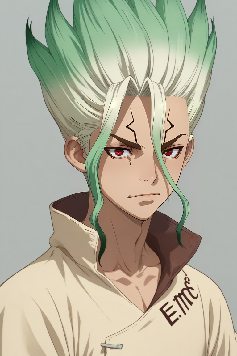 score_9, score_8_up, score_7_up, source_anime, (realistic:0.6), looking at viewer, upper body, , 1boy, solo, male focus, <lora:senkuu_ishigami_pony:0.9>, senkuu_ishigami, green hair, red eyes, multicolored hair, two-tone hair, white hair, facial mark, , , , <lora:sdxl_lightning_8step_lora:1>
