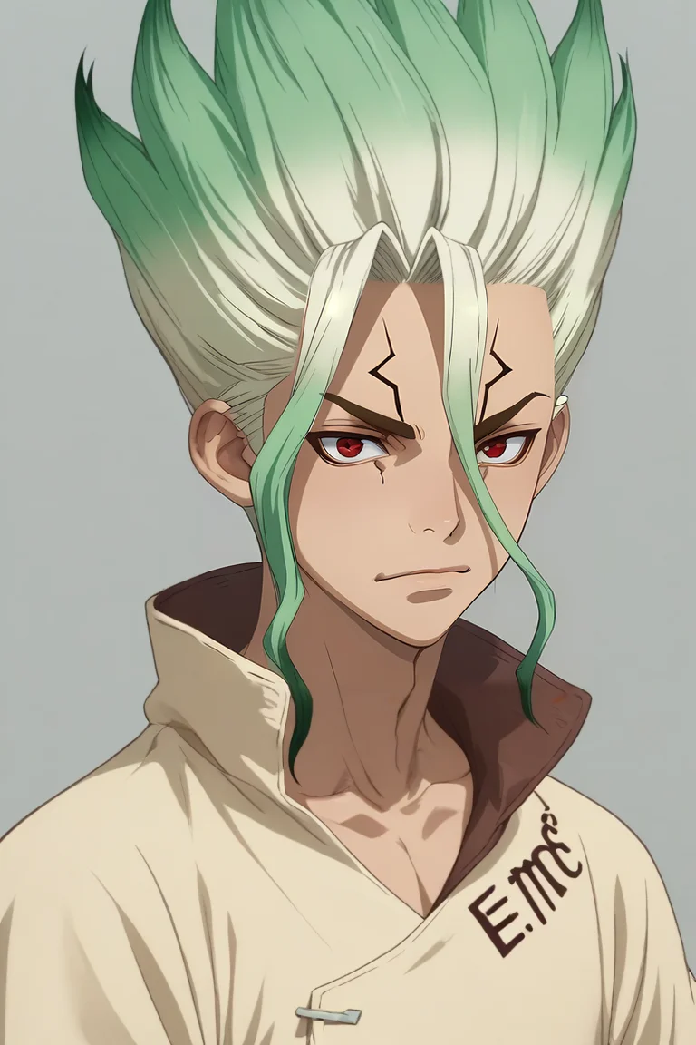 score_9, score_8_up, score_7_up, source_anime, (realistic:0.6), looking at viewer, upper body, , 1boy, solo, male focus, <lora:senkuu_ishigami_pony:0.9>, senkuu_ishigami, green hair, red eyes, multicolored hair, two-tone hair, white hair, facial mark, , , , <lora:sdxl_lightning_8step_lora:1>