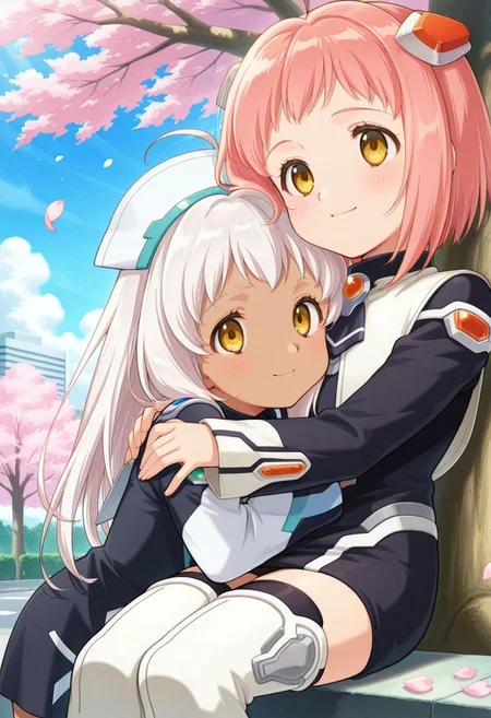 detailed eyes, beautiful, detailed background, perfect eyes,
source_anime, very aesthetic, anime coloring, masterpiece, official art,
<lora:HandFineTuning_XL:1>
BREAK,
sci-fi, street, trees, park, sakura tree, sakura petals falling,
cowboy shot, flat chest, blush,
dynamic angle, sitting, light smile, hug,
BREAK,
<lora:momo100Series_illustriousXL_v02:0.9>
(2girls, multiple girls),
M.O.M.O
x1momo, pink hair, short hair, hair ornament, ahoge, brown eyes, hair ornament,
black dress,
Kirsch
x1ks, yellow eyes, white hair, long hair, sidelocks, white headwear, dark skinned-female,
short dress, white dress, long sleeves,
white thigh boots,