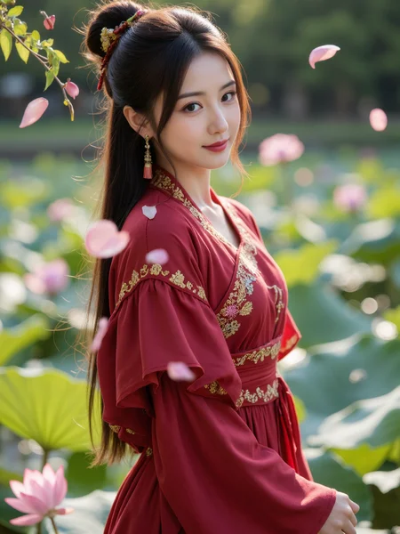 This is a high-resolution photograph capturing a young Asian woman from the waist up, dressed in a flowing crimson red hanfu with layered silk sleeves and intricate floral embroidery along the collar and waist. Her long dark hair is styled in a traditional updo adorned with golden hairpins and red tassels, with a few wisps of hair softly framing her face.
She stands gracefully beside a lotus pond, her posture upright yet relaxed, with a gentle, almost playful smile on her lips. Delicate peach blossoms drift through the air around her, caught in motion by the soft breeze, some petals landing lightly on her sleeves and shoulders.
The lighting is natural and diffused, evoking a warm, spring-like atmosphere. The blurred background shows green lotus leaves and pink blooms shimmering on the waterâs surface. The composition follows the rule of thirds, placing her gaze just off-center, emphasizing the elegance and poise of her presence in the poetic setting.
<lora:aaaa\girlsmix_mxttly.safetensors:1>